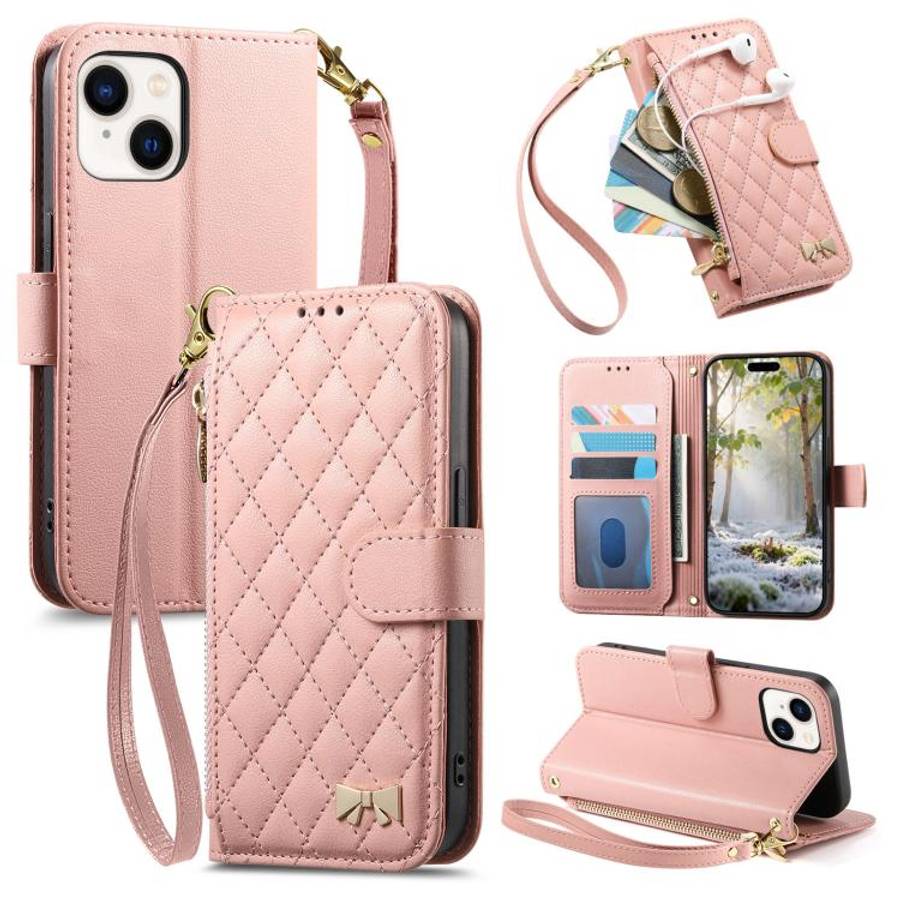 Rhombic Texture Zipper Wallet Metal Bow-knot Vegan Leather Phone Case with Strap, For iPhone 15 P...