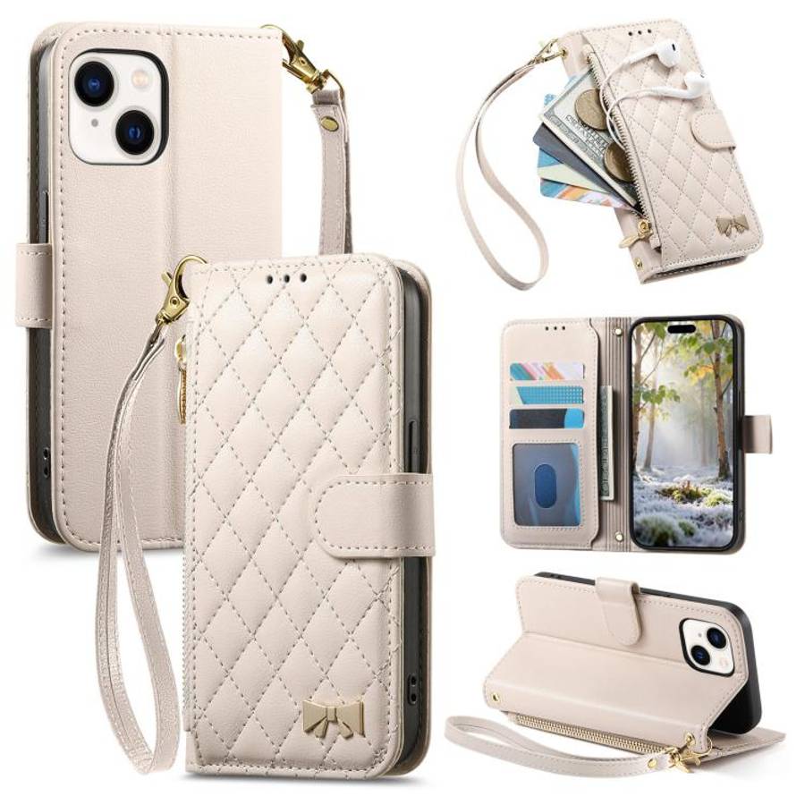 Rhombic Texture Zipper Wallet Metal Bow-knot Vegan Leather Phone Case with Strap, For iPhone 15 P...