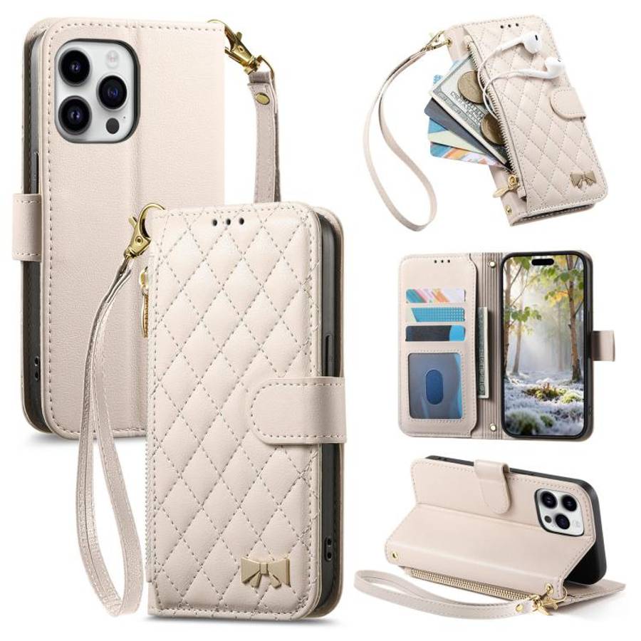 Rhombic Texture Zipper Wallet Metal Bow-knot Vegan Leather Phone Case with Strap, For iPhone 15 P...