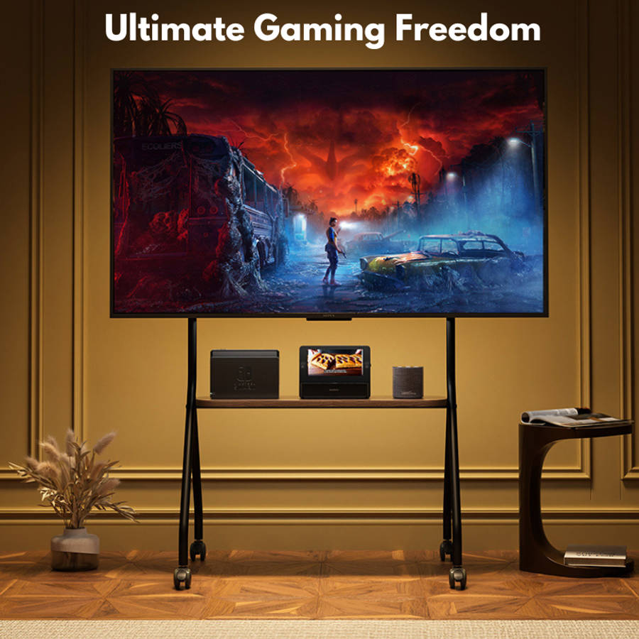 Mobile Shelving Floor TV Stand with Game Console Mount Lockable Wheels
