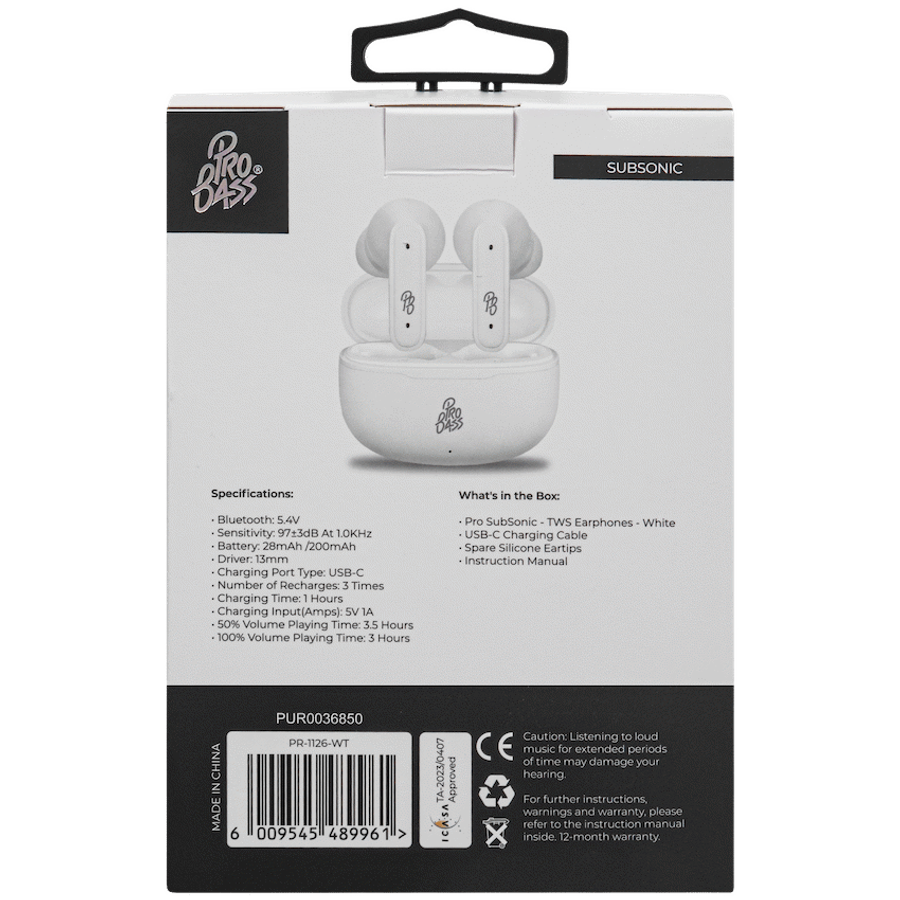 Pro Bass SubSonic TWS Earphone - White