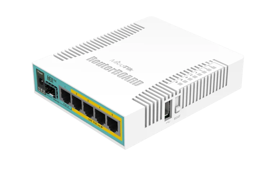 MikroTik hEX PoE, Desktop Router, 5x Gb LAN (four with PoE out), SFP, USB, RouterOS L4, plastic c...
