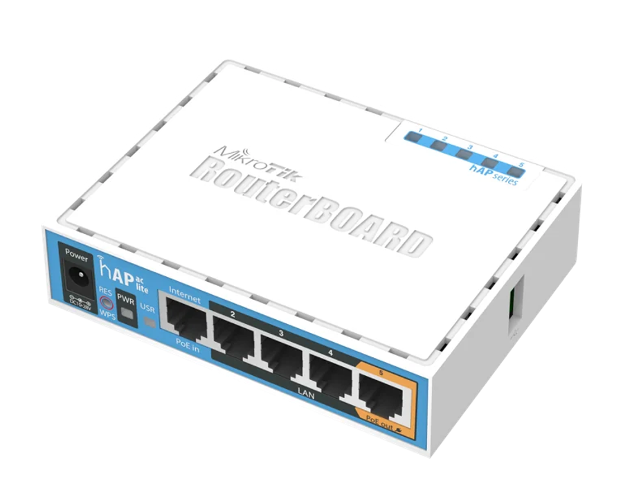 MikroTik hAP ac lite, 5x LAN, built-in 2.4Ghz 802.11b/g/n two chain wireless with integrated ante...