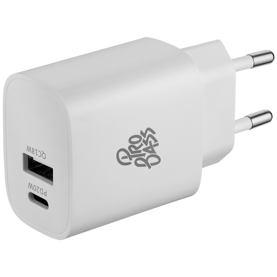 Pro Bass Rapidcharge Series 20w+18w Dual USB and Type-C Wall Charger - White