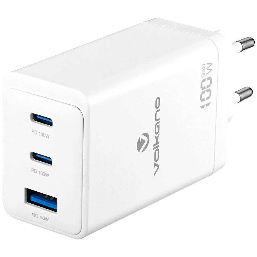 Volkano WattPro Series Triple Port 100W GaN Wall Charger - White