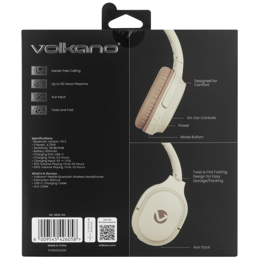 Volkano Pebble Series Bluetooth Headphones - Khaki