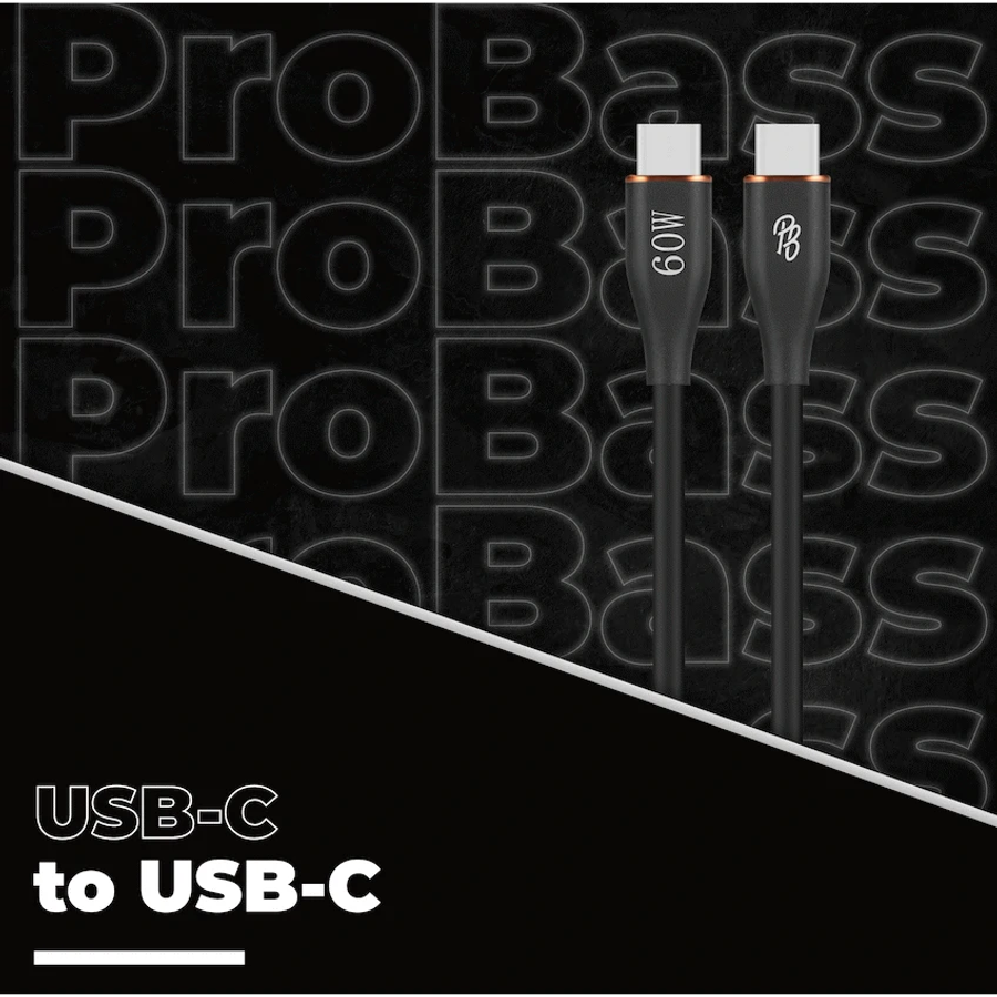 Pro Bass FlexiCord Series 2m 60w Type-C to Type-C Charging Cable - Black