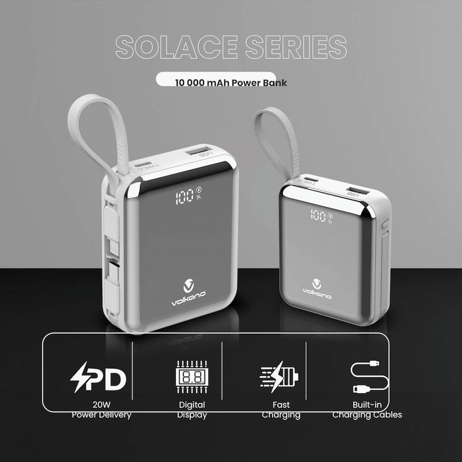 Volkano Solace Series 10 000 mAh Power Bank with Built-in USB-C & Lightning Cable - White & Silver