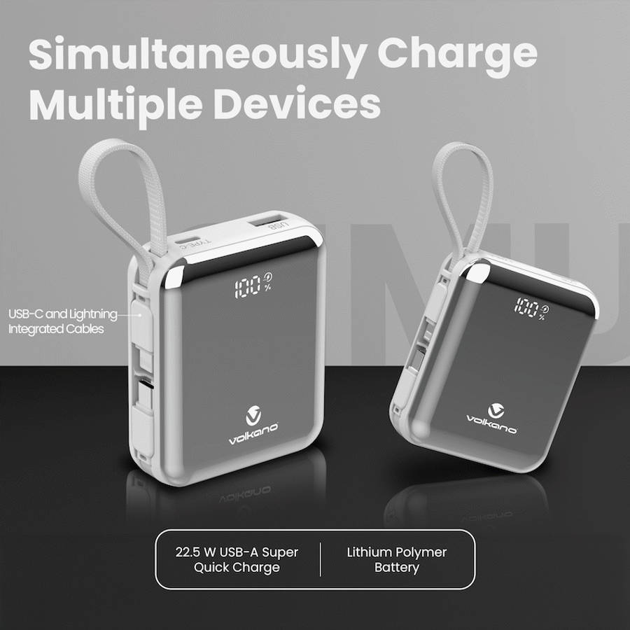 Volkano Solace Series 10 000 mAh Power Bank with Built-in USB-C & Lightning Cable - White & Silver