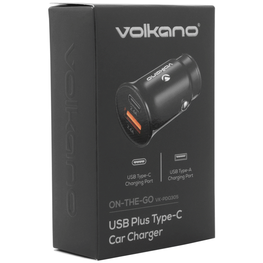 Volkano On-The-Go USB + Type-C 12w Car Charger - Black