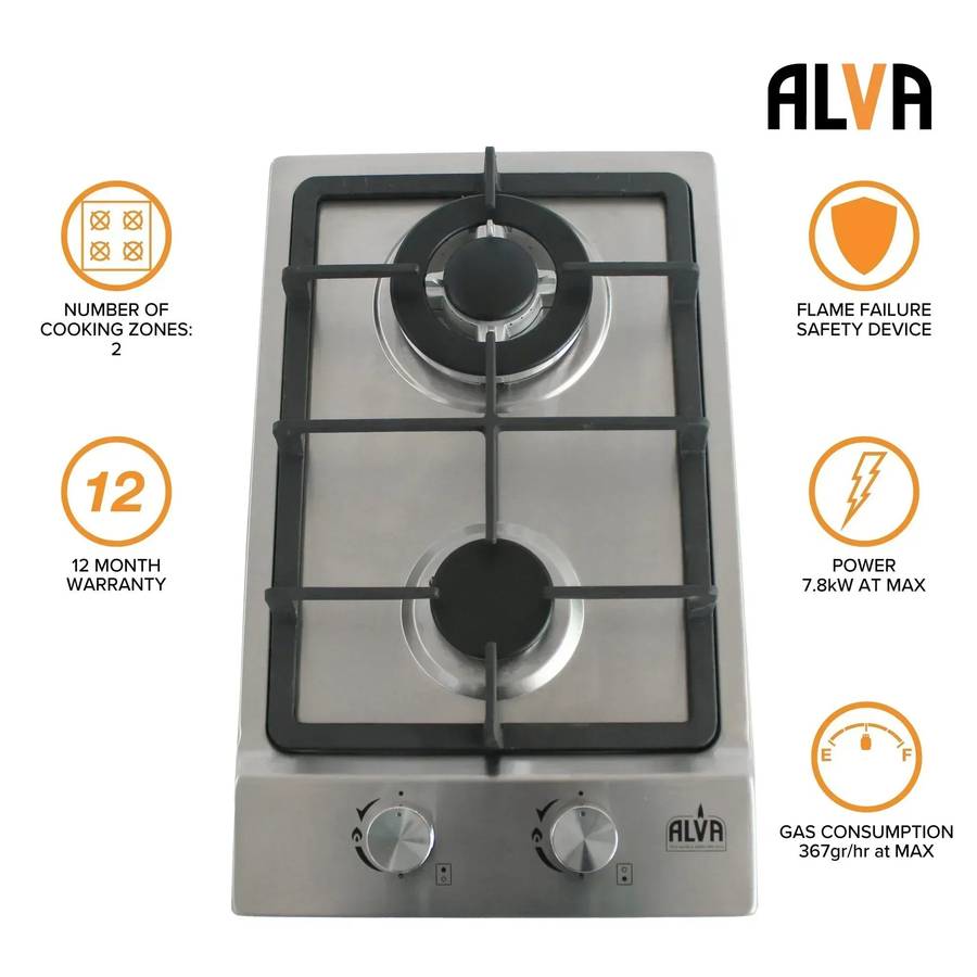 Alva 30cm 2-Burner Gas Hob - Stainless Steel