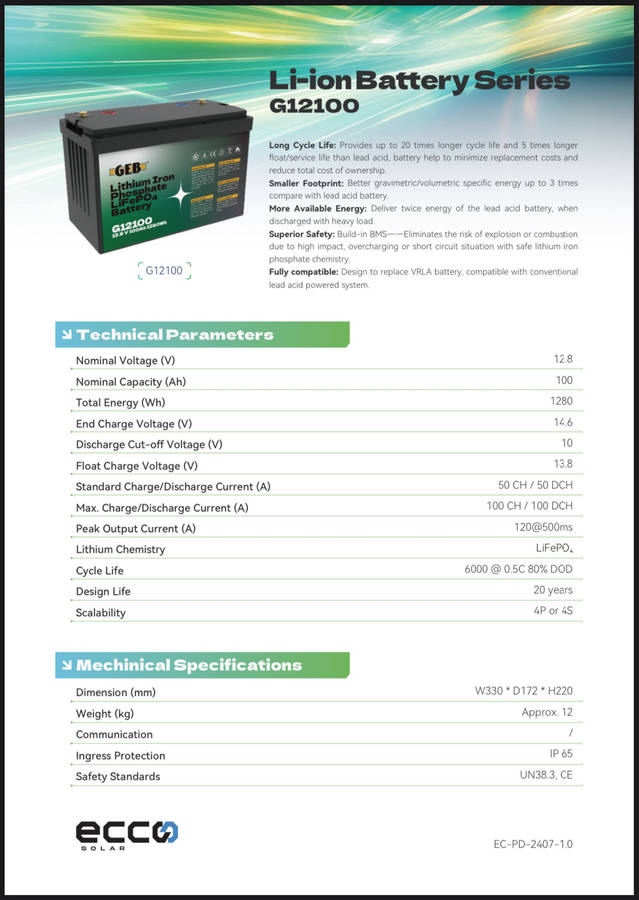 GEB 1.28kWh 12V 100AH Lithium Battery (LiFePO4)