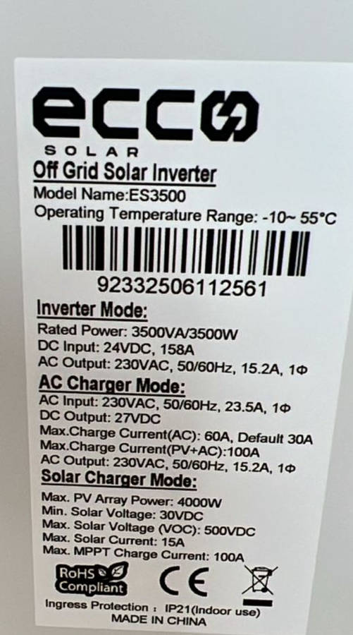 ECCO 3.5KVA / 3500W 100A MPPT Hybrid Inverter 24V