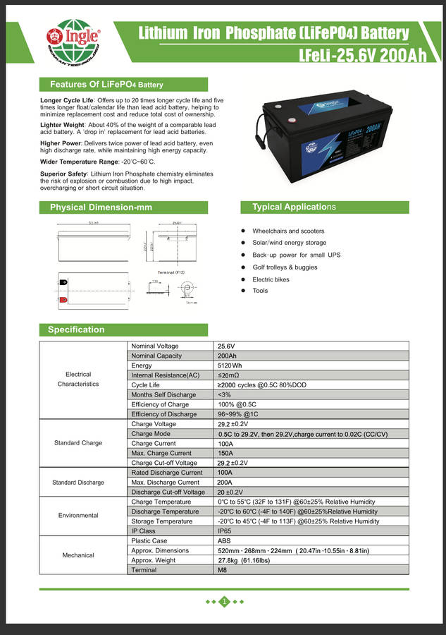 INGLE 25.6V 200AH 5.12kWh Lithium Battery (LiFeP04)