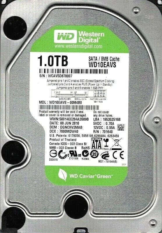 Hard Drive Western Digital Green WD10EAVS 1TB SATA 8MB Cache 3.5" Inch