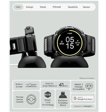 GOOGLE PIXEL WATCH 4 PREMIUM RUGGED ARMOR PRO CASE 41MM BLACK WITH CHARGER STAND | SPIGEN