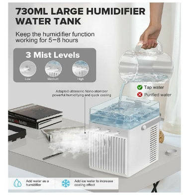 PORTABLE USB RECHARGEABLE MINI DESK AIRCOOLER FAN WITH HUMIDIFIER | LENORAR