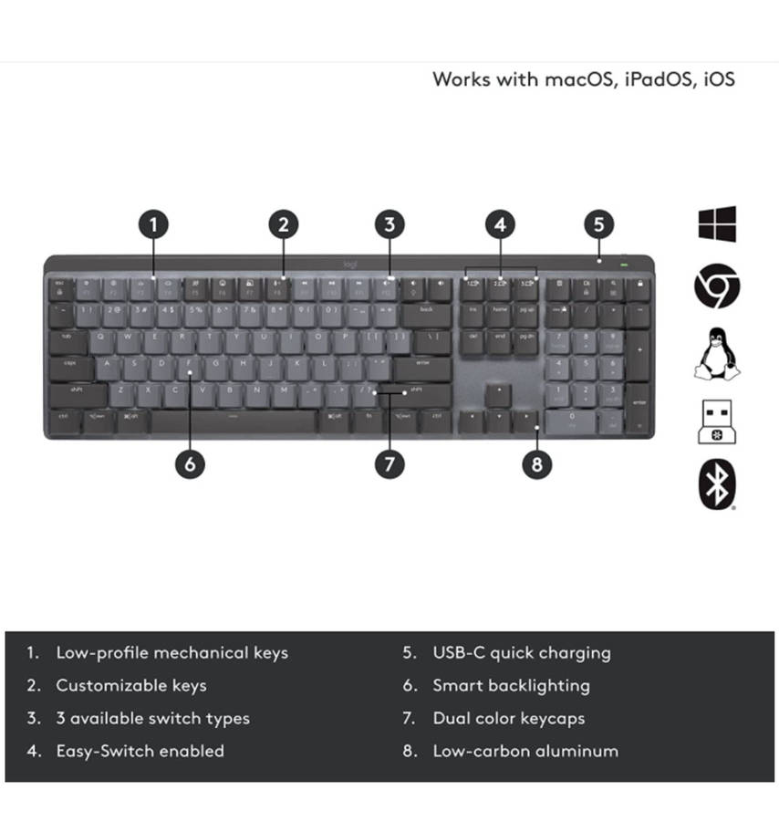 LOGITECH MX MECHANICAL WIRELESS ILLUMINATED PERFORMANCE KEYBOARD CLICKY EDITION GRAPHITE