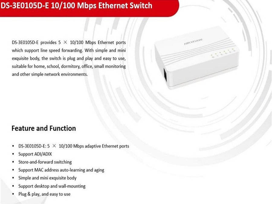 Hikvision DS-3E0105D-E 5-Port 10/100 Mbps Unmanaged Ethernet Switch - Desktop, ABS