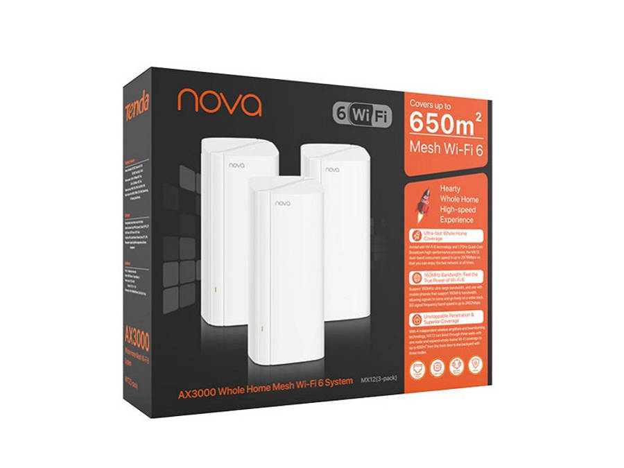 Tenda Nova MX12 AX3000 Whole Home Mesh Wi-Fi 6 System - 3-Pack, Gigabit, 650m2