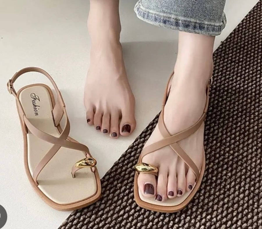 Strap Sandals - Gold Detail Cross-Strap Flats