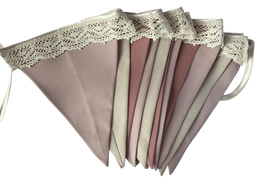 Dusty pink, Brownish pink and Biscuit Colour Bunting with beautiful Crochet Lace  | Large Flags