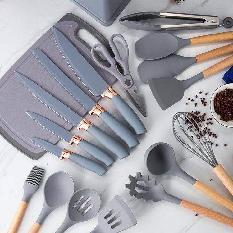 Silicone Kitchenware Set 19 Pieces Knife & Spoon Set With Storage Rack - Black