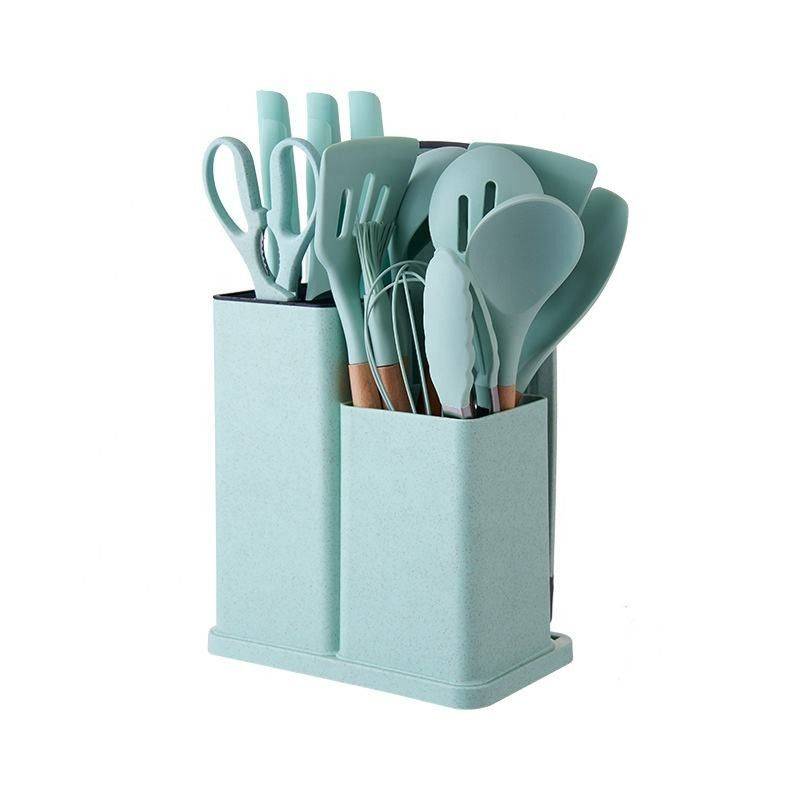 Silicone Kitchenware Set 19 Pieces Knife & Spoon Set With Storage Rack - Black