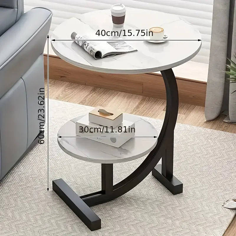 ZS - C-SHAPED 2 Tier Chic SIDE TABLE ROUND - White Marble with Black Frame