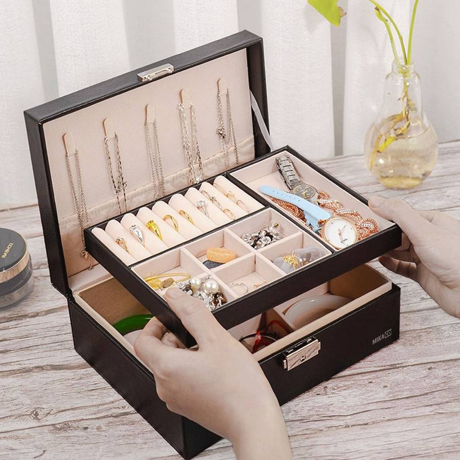 ZS - Compact PU Leather Double Layer Lockable Jewelry Storage Box Organizer-Tiered Tray Green