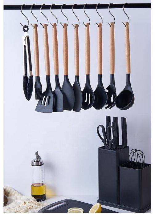 Silicone Kitchenware Set 19 Pieces Knife & Spoon Set With Storage Rack - Black