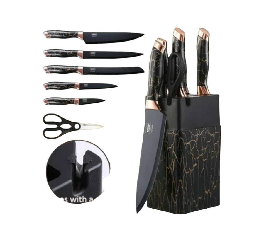 All in one Pro 7pcs Knife Set with Sharpener - Black