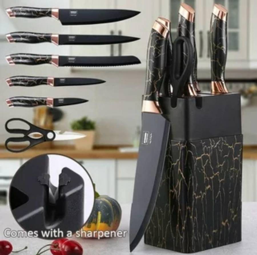 All in one Pro 7pcs Knife Set with Sharpener - Black