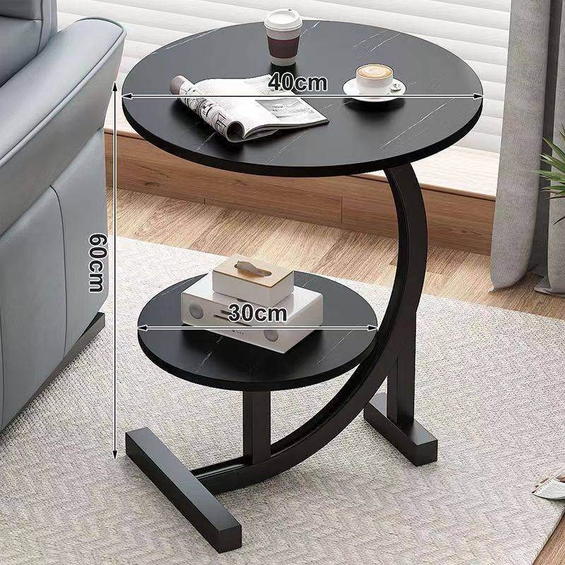 ZS - C-SHAPED 2 Tier Chic SIDE TABLE ROUND - White Marble with Black Frame