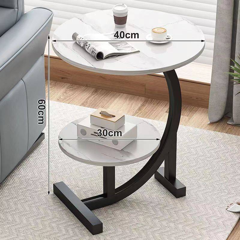 ZS - C-SHAPED 2 Tier Chic SIDE TABLE ROUND - White Marble with Black Frame