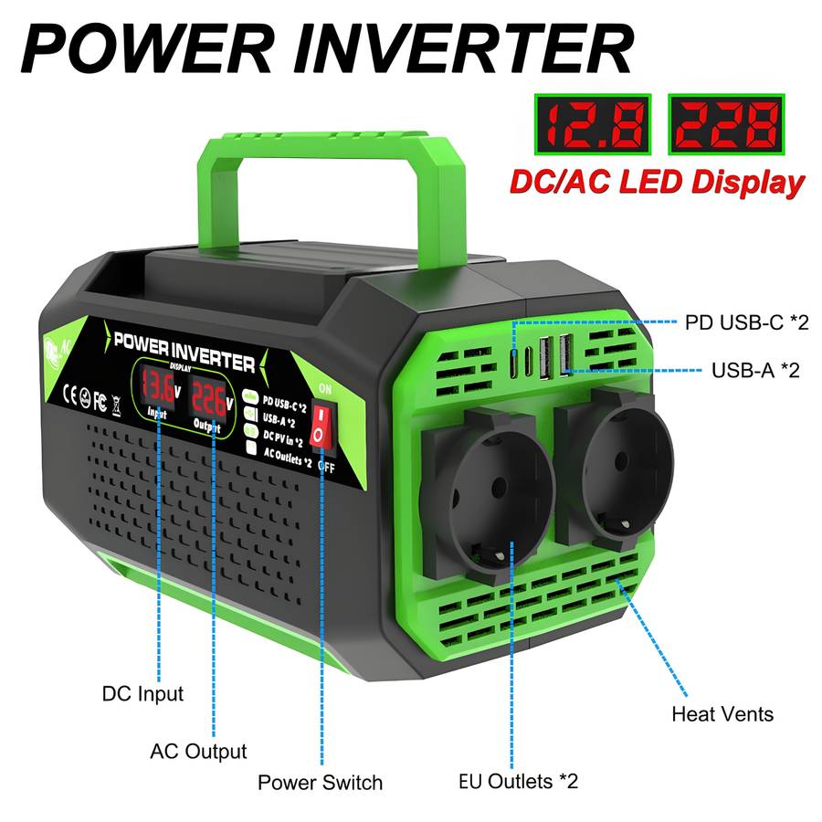 1000W DC 12V to AC 220V Car Power Inverter with LCD Display, 2x AC EU Outlets, 2x USB, 2x Type-C,...