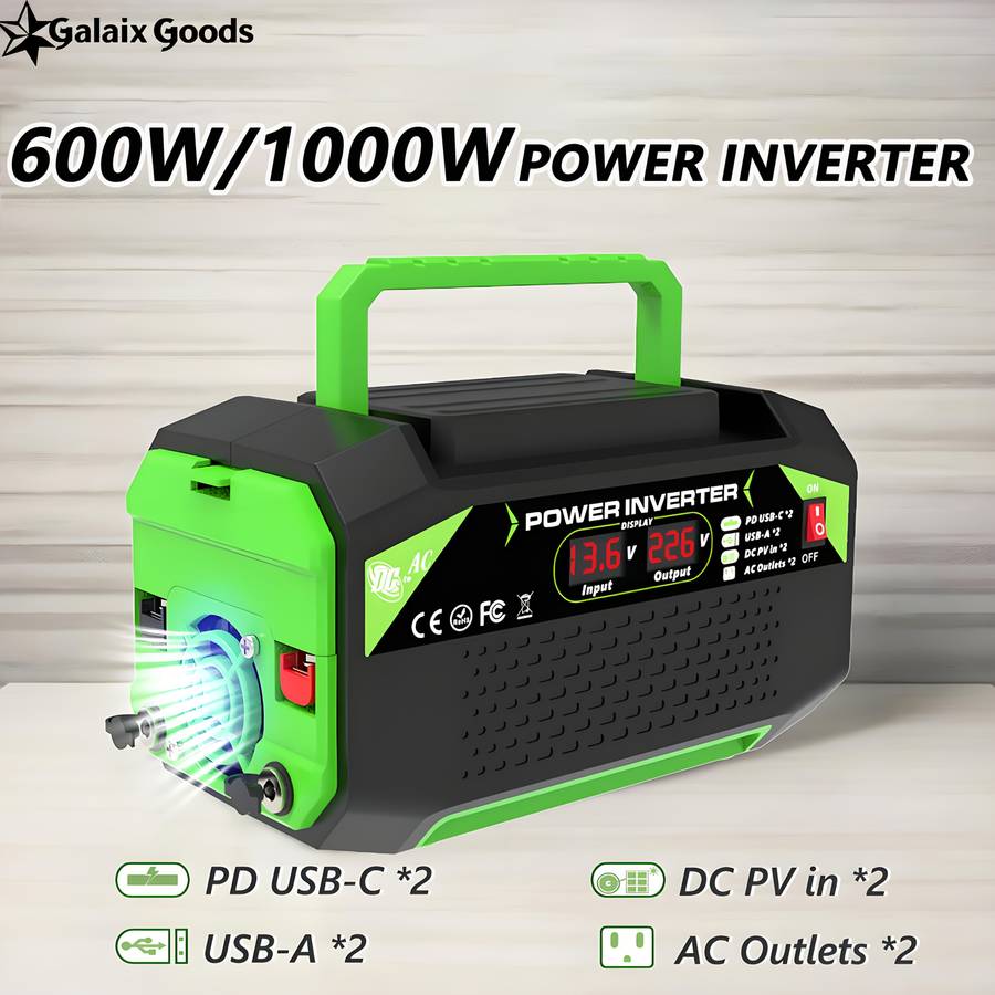 1000W DC 12V to AC 220V Car Power Inverter with LCD Display, 2x AC EU Outlets, 2x USB, 2x Type-C,...