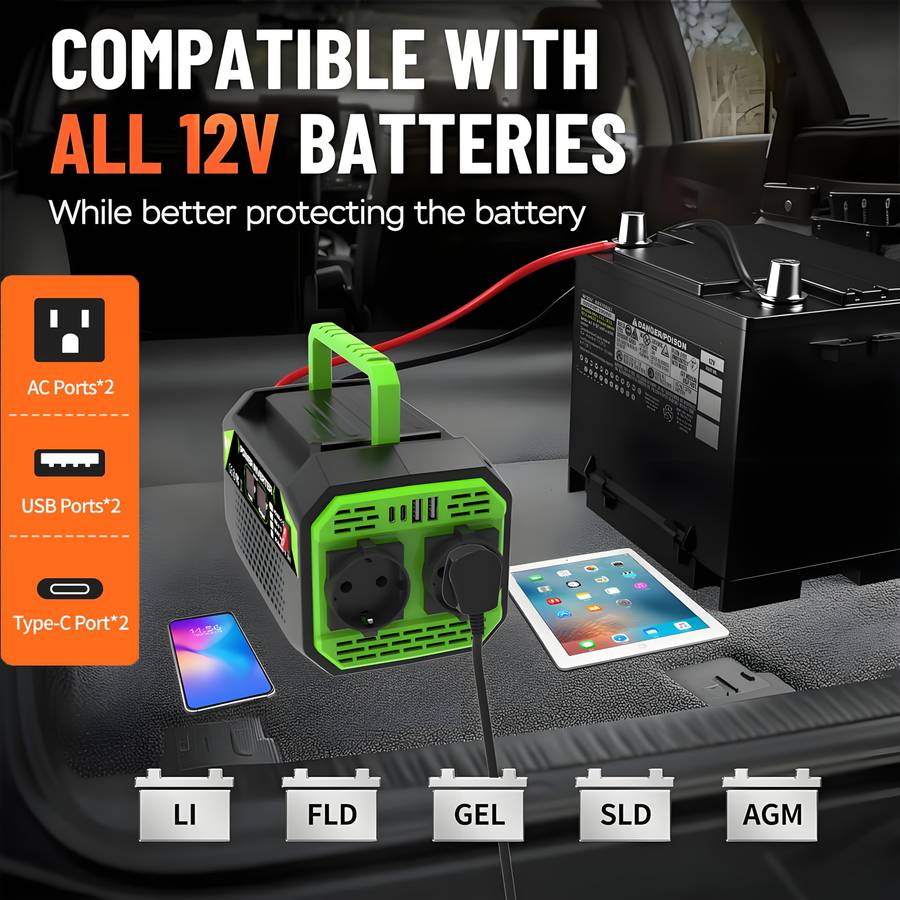 1000W DC 12V to AC 220V Car Power Inverter with LCD Display, 2x AC EU Outlets, 2x USB, 2x Type-C,...