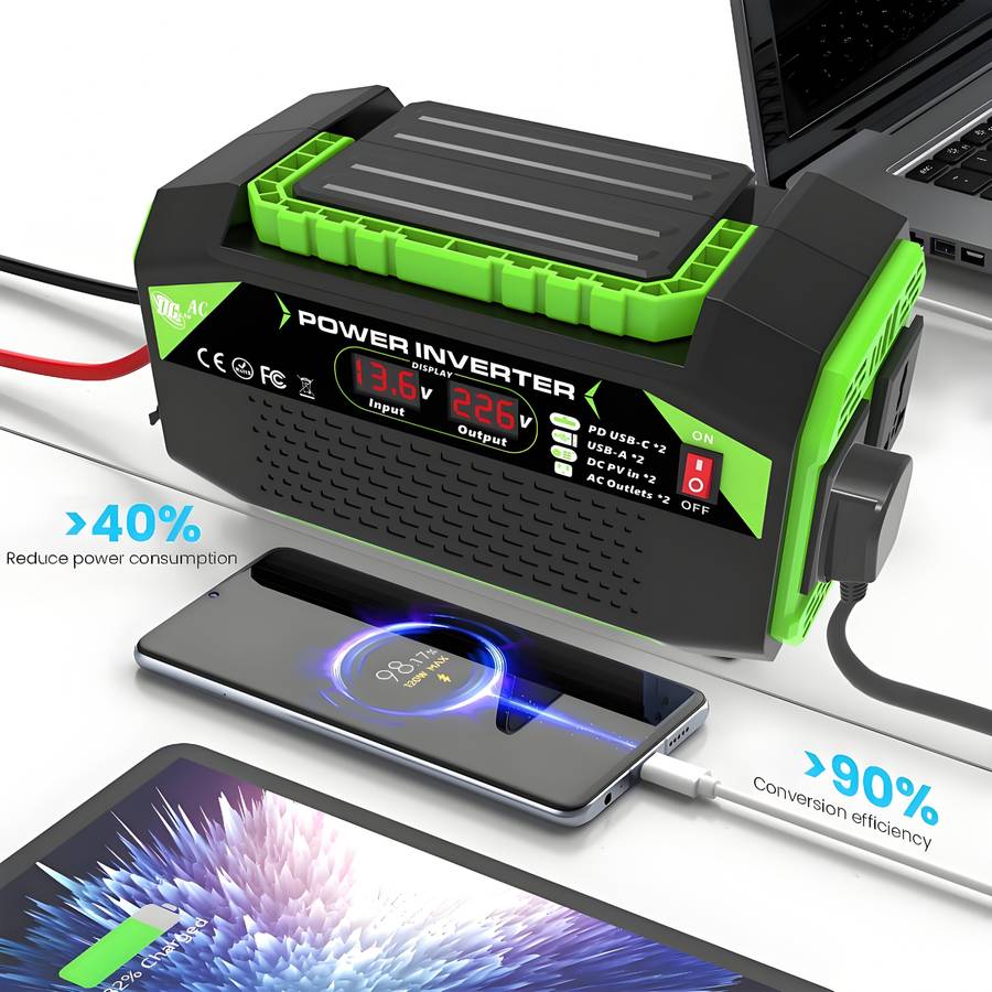 1000W DC 12V to AC 220V Car Power Inverter with LCD Display, 2x AC EU Outlets, 2x USB, 2x Type-C,...