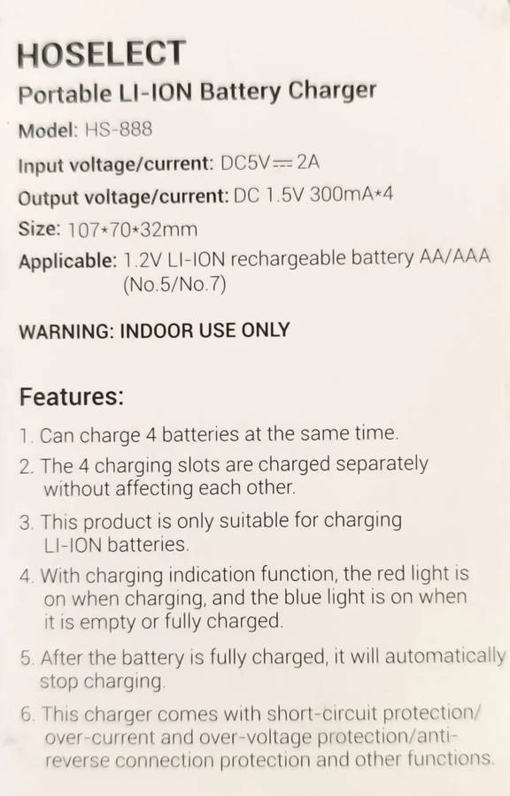 Hoselect HS-888 5V USB AA/AAA Li-Ion Battery Charger
