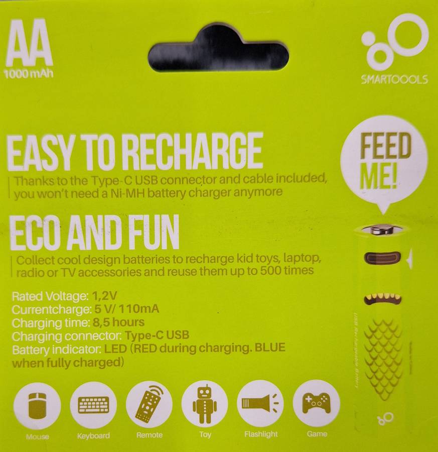 Smart Tools AA 1.2V 1000mAh Rechargeable Type C Batteries - 2 pack