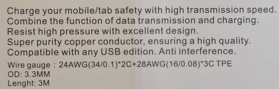 Fast Charging Micro USB 2.4A Output Cable - 3 meters