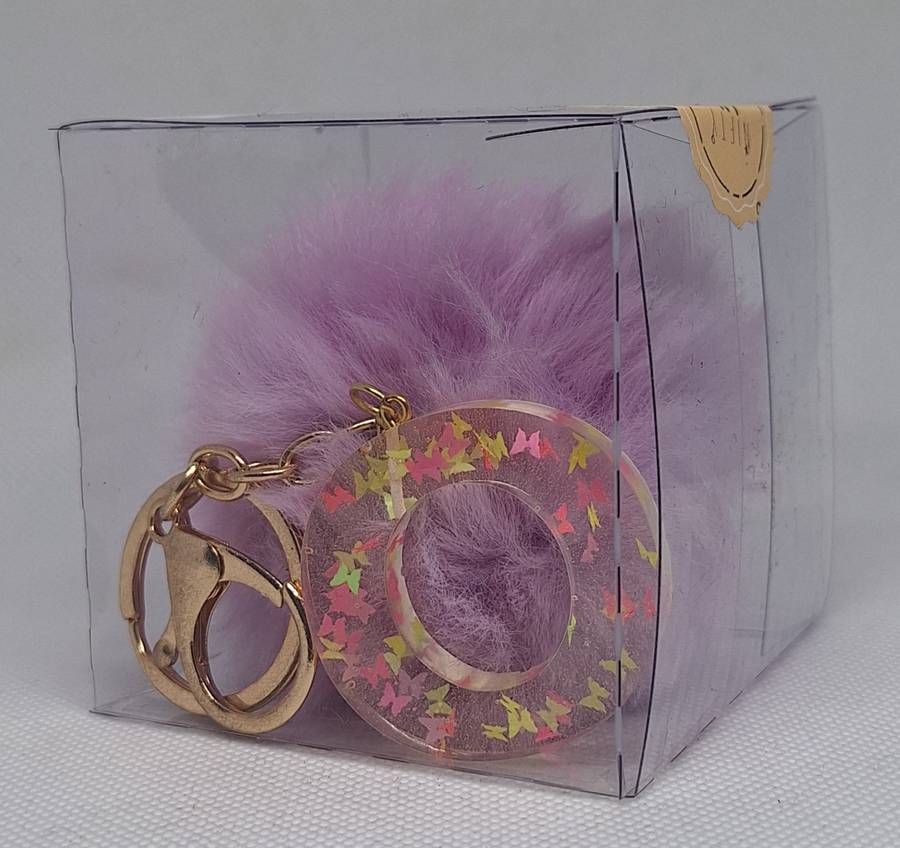 Custom Resin Letter Keychain With a Purple Pom Pom - O