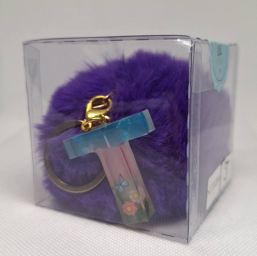 Custom Resin Letter Keychain With a Purple Pom Pom - T