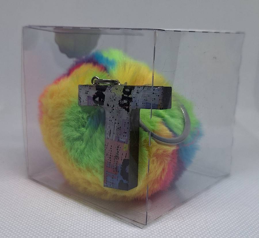 Custom Resin Letter Keychain With a Rainbow Pom Pom - T