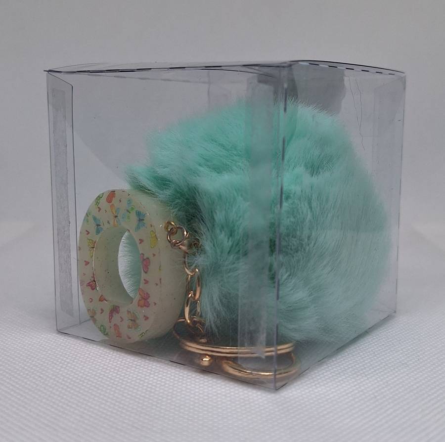 Custom Resin Letter Keychain With a Turquoise Pom Pom - O