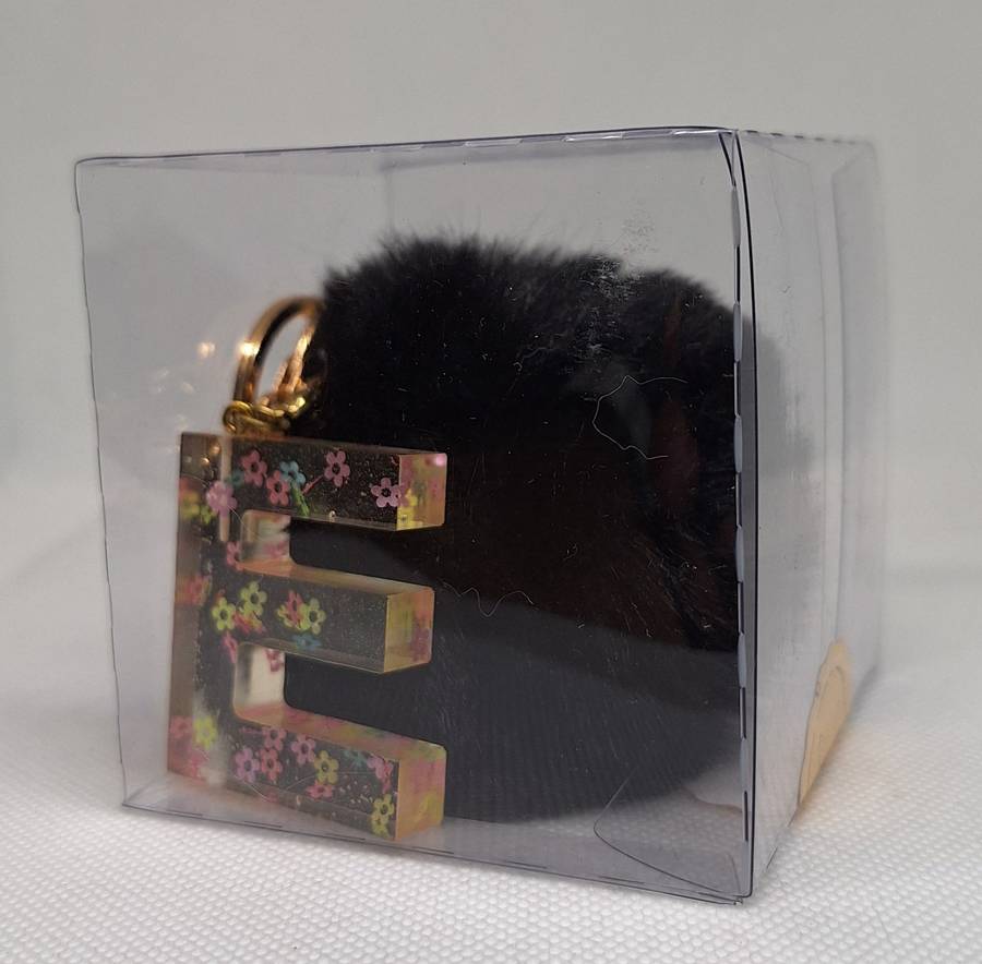 Custom Resin Letter Keychain With a Black Pom Pom - E