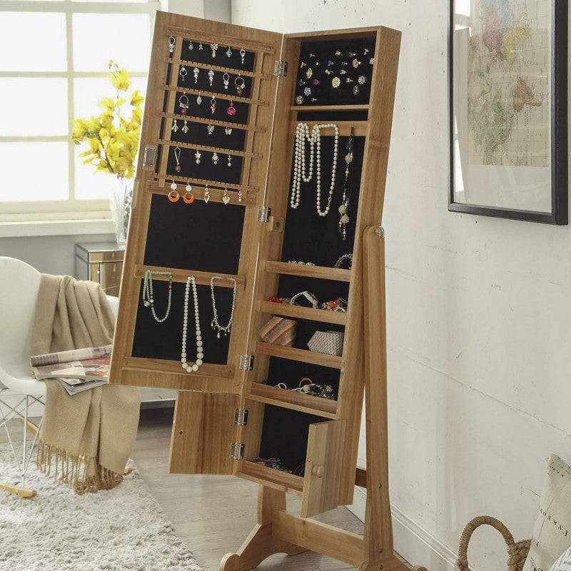 Solid Acacia Wood Mirrored Jewellery Cabinet