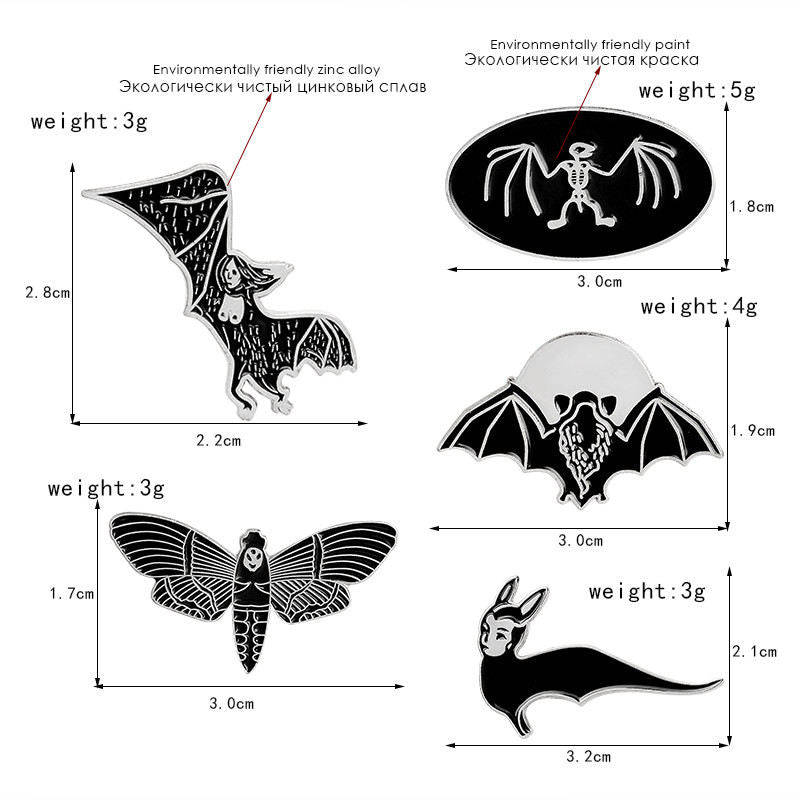 5Pcs/set Black Bat Skeleton Enamel Pin Set Badge Goth Punk Style Collection