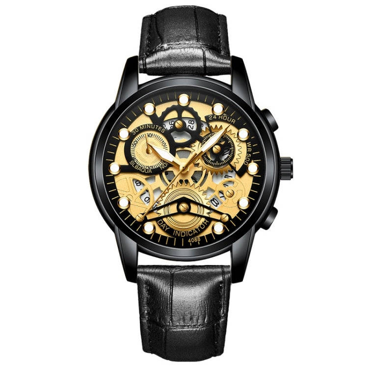 FNGEEN 4088 Men Hollow Quartz Watch Student Waterproof Luminous Watch(All Black Surface Gold Nails)